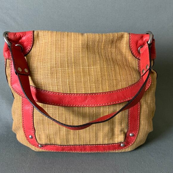 FOSSIL Red Leather Strap Tan Straw Woven Handbag Versatile - Picture 4 of 15